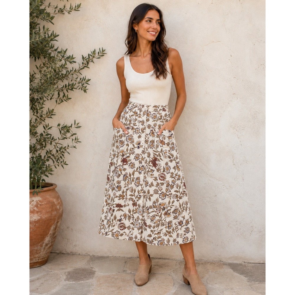 Anokhi Skirt Womens S Organic Cotton Floral Button Front Pockets Boho Midi 34"